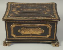 A FINE CHINOISERIE GILDED BLACK LACQUER SMOKER'S CABINET, with metal lined compartment and cigar