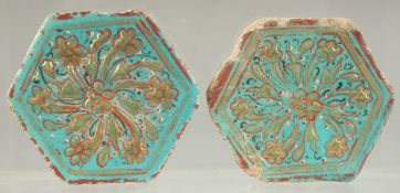 A PAIR OF 13TH CENTURY PERSIAN KASHAN MINAIE GILDED TURQUOISE GLAZED HEXAGON TILES, each approx. 8cm