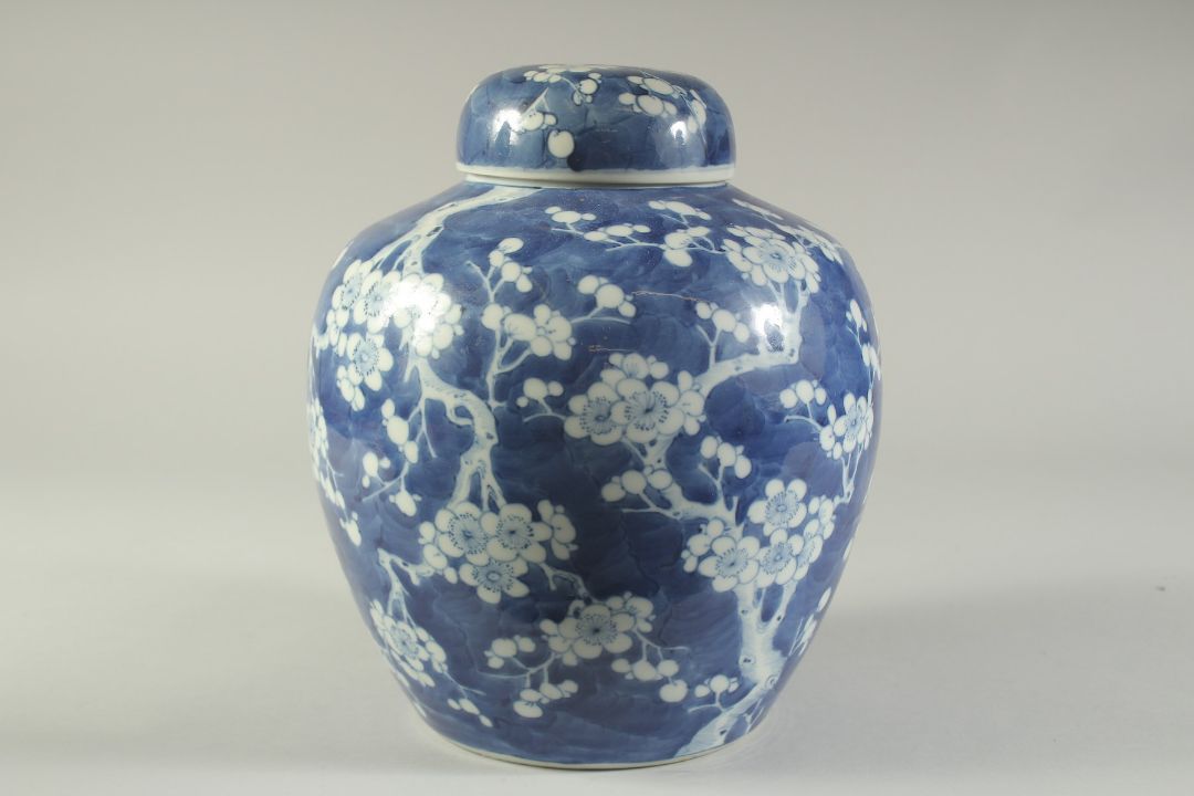 A LARGE CHINESE BLUE AND WHITE PORCELAIN PRUNUS JAR AND COVER, the base with character mark, 29cm - Image 3 of 7