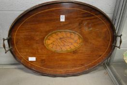 A large Edwardian inlaid mahogany twin handled tray.