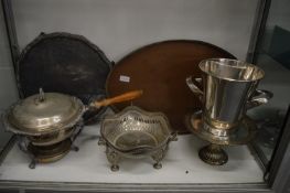 A large gallery tray, a large salver, a chafing dish and other items.