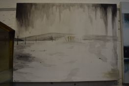 Benjamin Lind, a rural winter landscape, oil on canvas, stretchered but unframed.