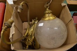 An etched glass globe shaped light fitting and a pair of ormolu wall lights.