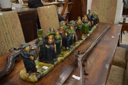 Gilbert Monteyne, Flemish, 'The Wedding Procession', a large three section majolica glazed pottery