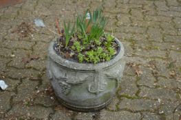 A pair of reconstituted stone planters.