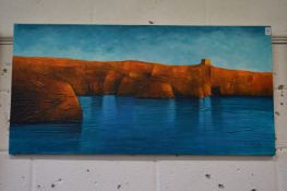 Salaba, coastal landscape with a fort, oil on canvas, stretchered but unframed, signed and dated '