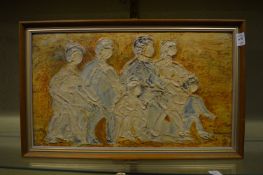 Rose Domb, Travelling figures, oil on board together with the corresponding tapestry made at West