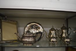 Plated items to include photograph frame, four piece tea and coffee service, teapot and dish.