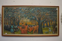 Figures gathering in a woodland setting, oil on board.