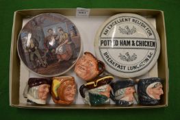 Two pot lids and six miniature Doulton toby jugs.