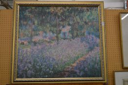 Impressionists School, an oleographic print of a colourful garden in a decorative gilt frame.