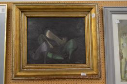 Pata, Ana, Luisa, still life of ladies shoes, oil on board, signed and dated 1973.