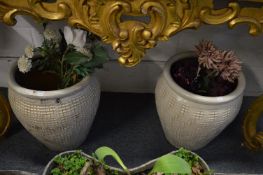 Two large molded white glazed terracotta urns containing artificial plants.