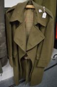 An army khaki woollen overcoat and other items.