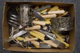 Plated flatware, a plated tankard and other items.