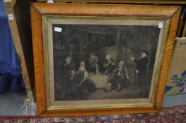 Interior scene with figures, black and white print in a maple frame.