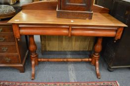 A Victorian mahogany two drawer side table on turned supports.