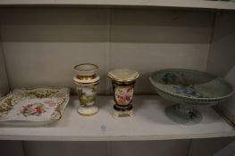 A floral decorated dish and similar spill vase, Continental spill vase painted with a landscape