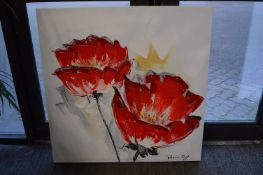 Peter Tang, large colourful painting of flower, oil on canvas, stretchered but unframed together