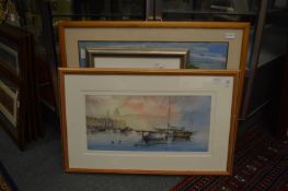 Maltese harbour scene with sailing boats, watercolour and two other paintings.