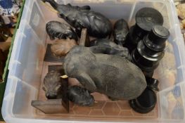 Carved ebony elephants etc.