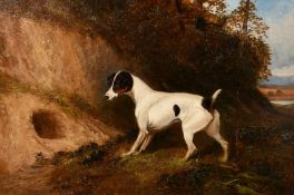 Attributed to Colin Graeme Roe, a terrier patiently waiting by a rabbit hole, oil on canvas, 14