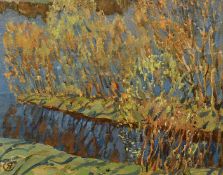 20th Century Impressionist School, trees by water, oil on canvasboard, signed with monogram, 10