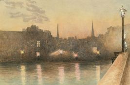 Circle of George Hyde Pownall, bridge over a city river at night, watercolour, 5.25