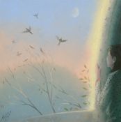 Nicholas Hely Hutchinson (b. 1955), a female figure looking at swallows in a summer night sky