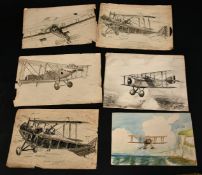 A small collection of amateur artworks relating to early aviation, unframed, (6).