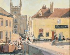Chris Daynes (b. 1946), 'Cambridge, figures outside The Mill tavern', oil on board, signed, dated 12