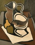 20th Century School, a cubist style still life of a pitcher, fish and fruit, oil on board, 19