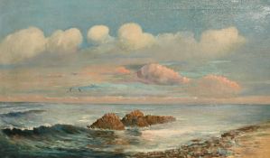 Attributed to Peter Macgregor Wilson (1856-1928), gulls flying over rocks at dusk, oil on canvas,