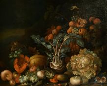 Manner of Alexander Coosemans, a still life of fruit and vegetables with a landscape view beyond,
