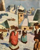 Circle of Alfons Walde, figures in a street in an Austrian alpine town, oil on board, bears
