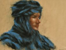 Catherine Dammeron (b. 1976) French, a head study of a figure in a headdress, pastel, signed, 17