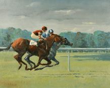 A. Brazier (20th Century), two horses racing with jockeys up, oil on canvas, signed, 24