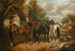 John Frederick Herring Junior (1815-1907), horses, pigs and ducks in a farmyard in summer, oil on