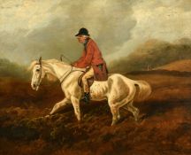 Byron Webb (1831-1867), a mounted huntsman in a moorland landscape, oil on artist board, signed, 9.
