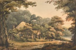 Circle of J M W Turner, cottage in a clearing by the side of a lake, pencil, ink and watercolour,
