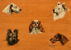 G. Rigaud, Early 20th Century French School, head studies of five dogs on a wooden panel, oil on