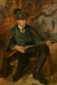 Paul Beckert (1856-1922), a resting huntsman in a cape and hat holding a rifle, oil on canvas, 30