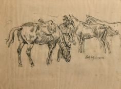 Edouard Elzingre (1880-1966) Swiss, a figure and three horses, charcoal, signed, 9.25