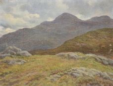 Louis Ginnett, 'A Dark Mountain in Skye', oil on canvas laid on board, exhibition label verso, 10.5