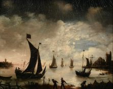 Manner of Aert Van Der Neer, figures hauling nets with shipping in a bay under moonlight, oil on
