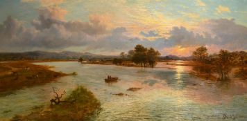 J. Holland, English School, Sunset on the Trent Estuary, June 1880, oil on canvas, signed, 36