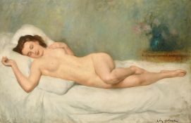 Leon Laurent Galand (1872-1960) French, a sleeping female nude, oil on canvas, signed, 38.25