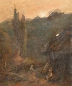 John Harmsworth (19th Century), figures at sunset by a cottage, inscribed verso, 7.5