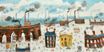 Simeon Stafford (b. 1956), 'Stockport', a city view, oil on board, signed, 24