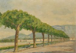 Henry Ruegger (1881-1971), figure seated on a bench by Lake Geneva, oil on canvas, signed, 13